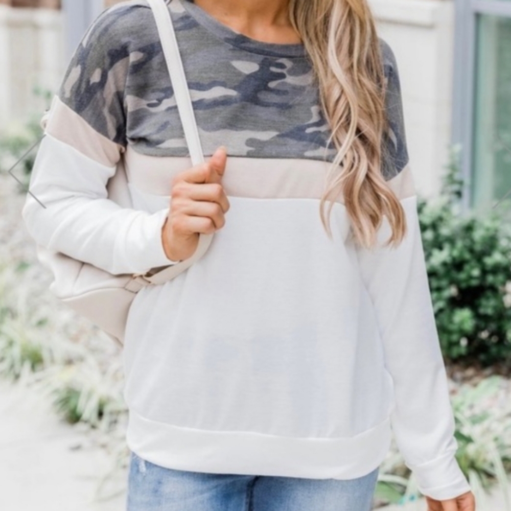 Pink Lily Colorblock Camo Pullover